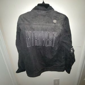 Distressed “introvert”  embroidered denim jacket